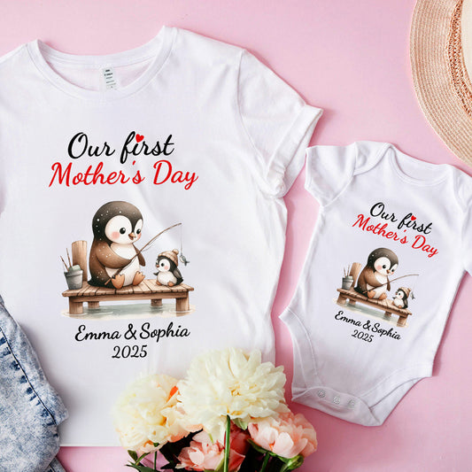 Custom Name Our First Mother's Day Parent-Child Matching Shirts, Penguin Mama & Kid Design Mom T-Shirt & Baby Bodysuit Set, Gift for Newborns/New Mom