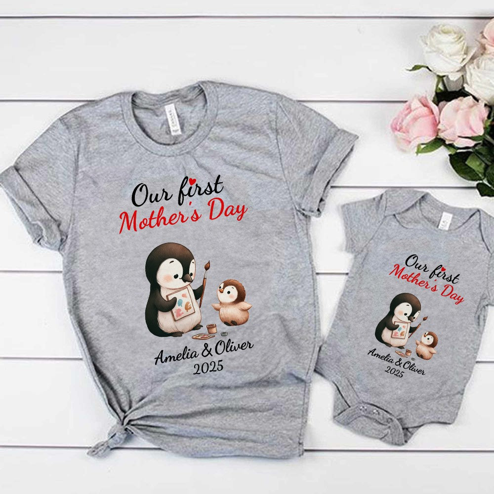 Custom Name Our First Mother's Day Parent-Child Matching Shirts, Penguin Mama & Kid Design Mom T-Shirt & Baby Bodysuit Set, Gift for Newborns/New Mom