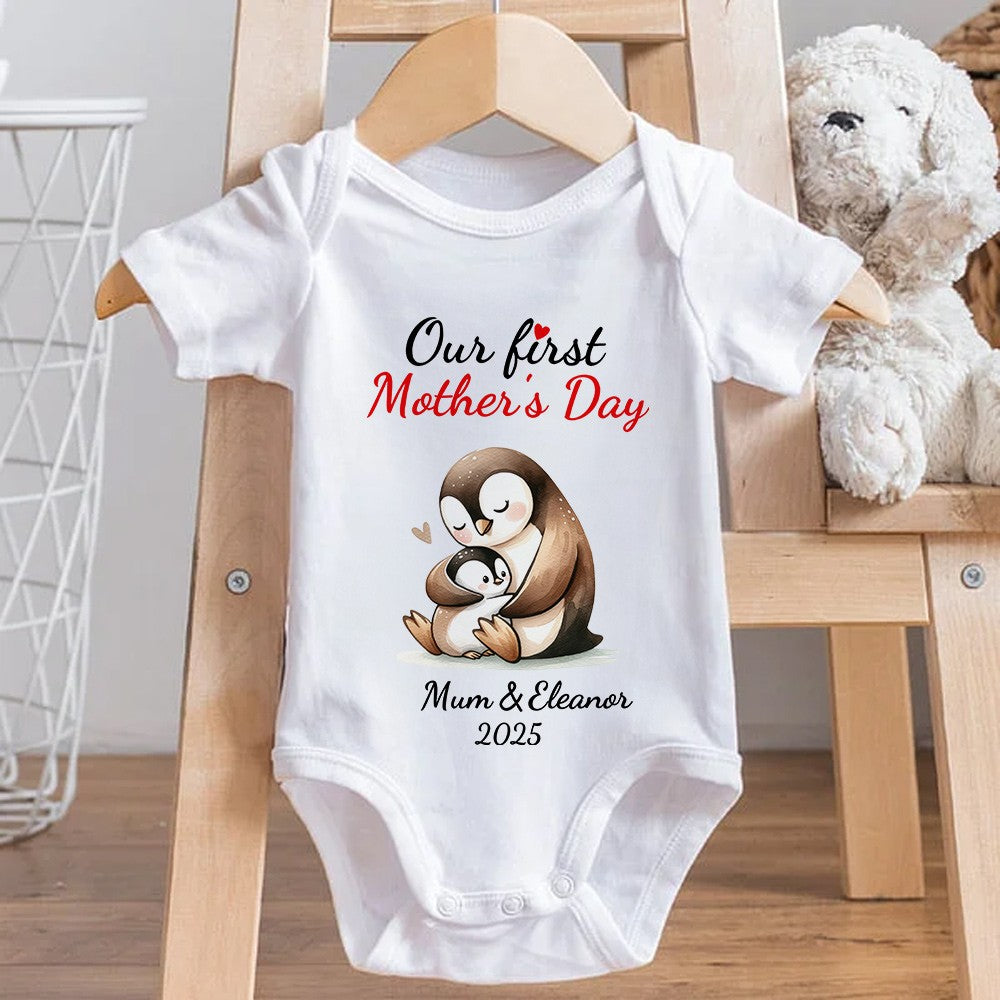 Custom Name Our First Mother's Day Parent-Child Matching Shirts, Penguin Mama & Kid Design Mom T-Shirt & Baby Bodysuit Set, Gift for Newborns/New Mom
