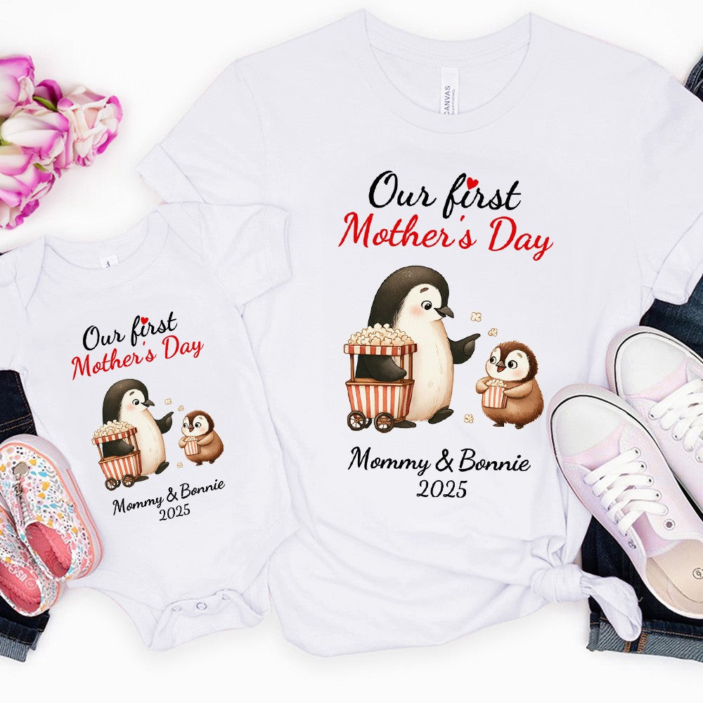 Custom Name Our First Mother's Day Parent-Child Matching Shirts, Penguin Mama & Kid Design Mom T-Shirt & Baby Bodysuit Set, Gift for Newborns/New Mom