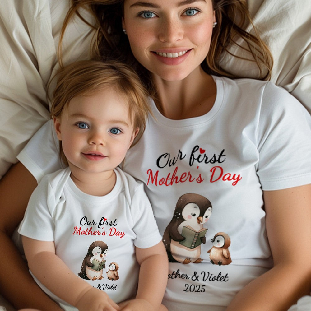Custom Name Our First Mother's Day Parent-Child Matching Shirts, Penguin Mama & Kid Design Mom T-Shirt & Baby Bodysuit Set, Gift for Newborns/New Mom