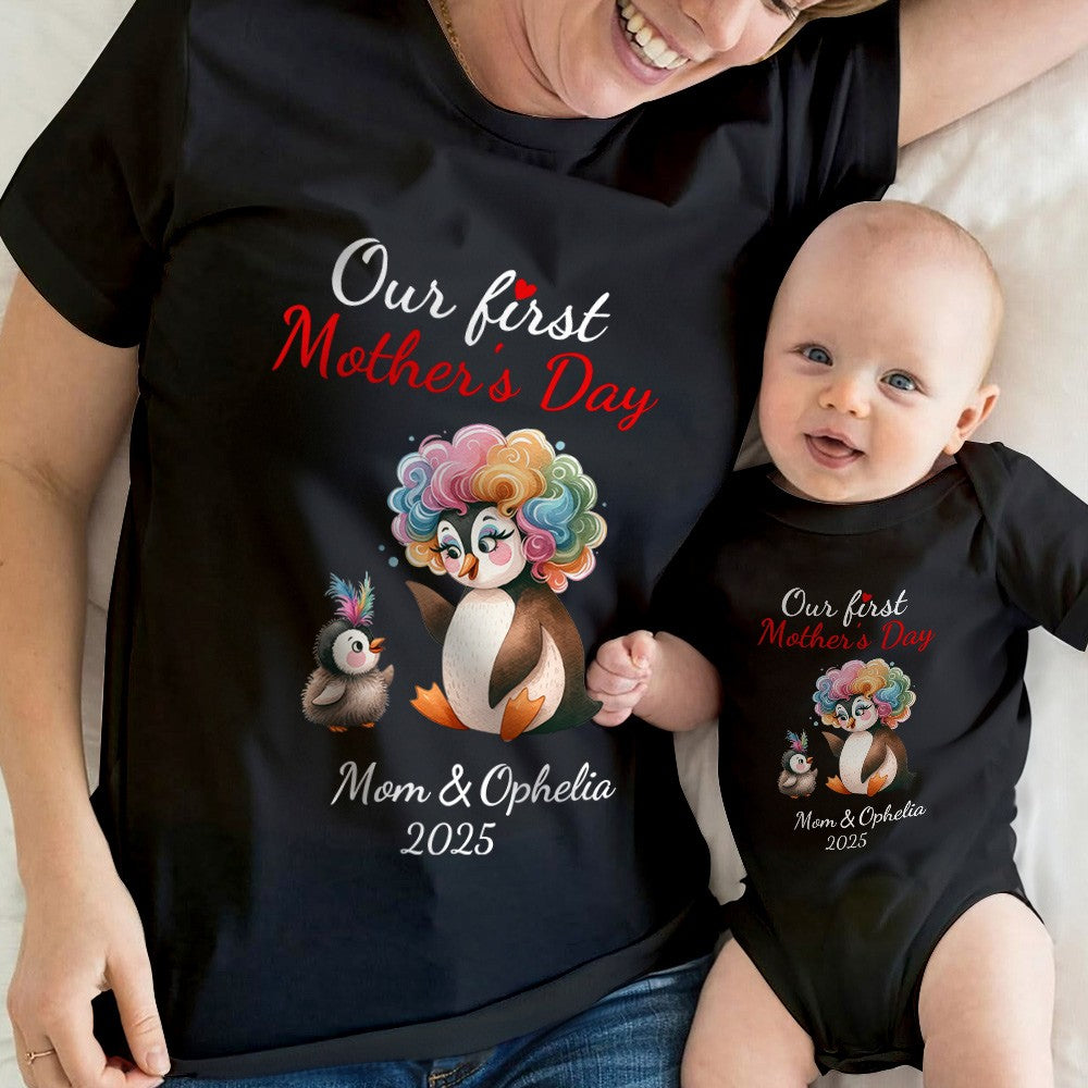 Custom Name Our First Mother's Day Parent-Child Matching Shirts, Penguin Mama & Kid Design Mom T-Shirt & Baby Bodysuit Set, Gift for Newborns/New Mom