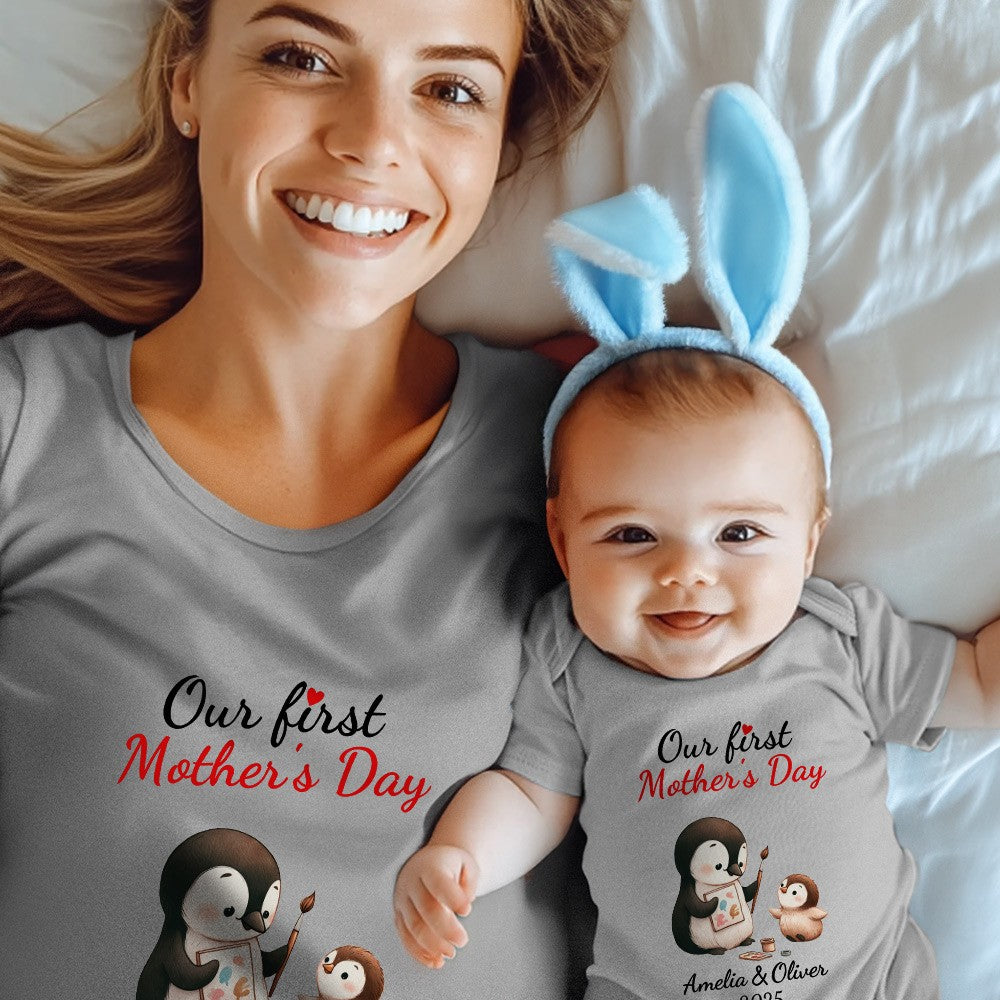 Custom Name Our First Mother's Day Parent-Child Matching Shirts, Penguin Mama & Kid Design Mom T-Shirt & Baby Bodysuit Set, Gift for Newborns/New Mom