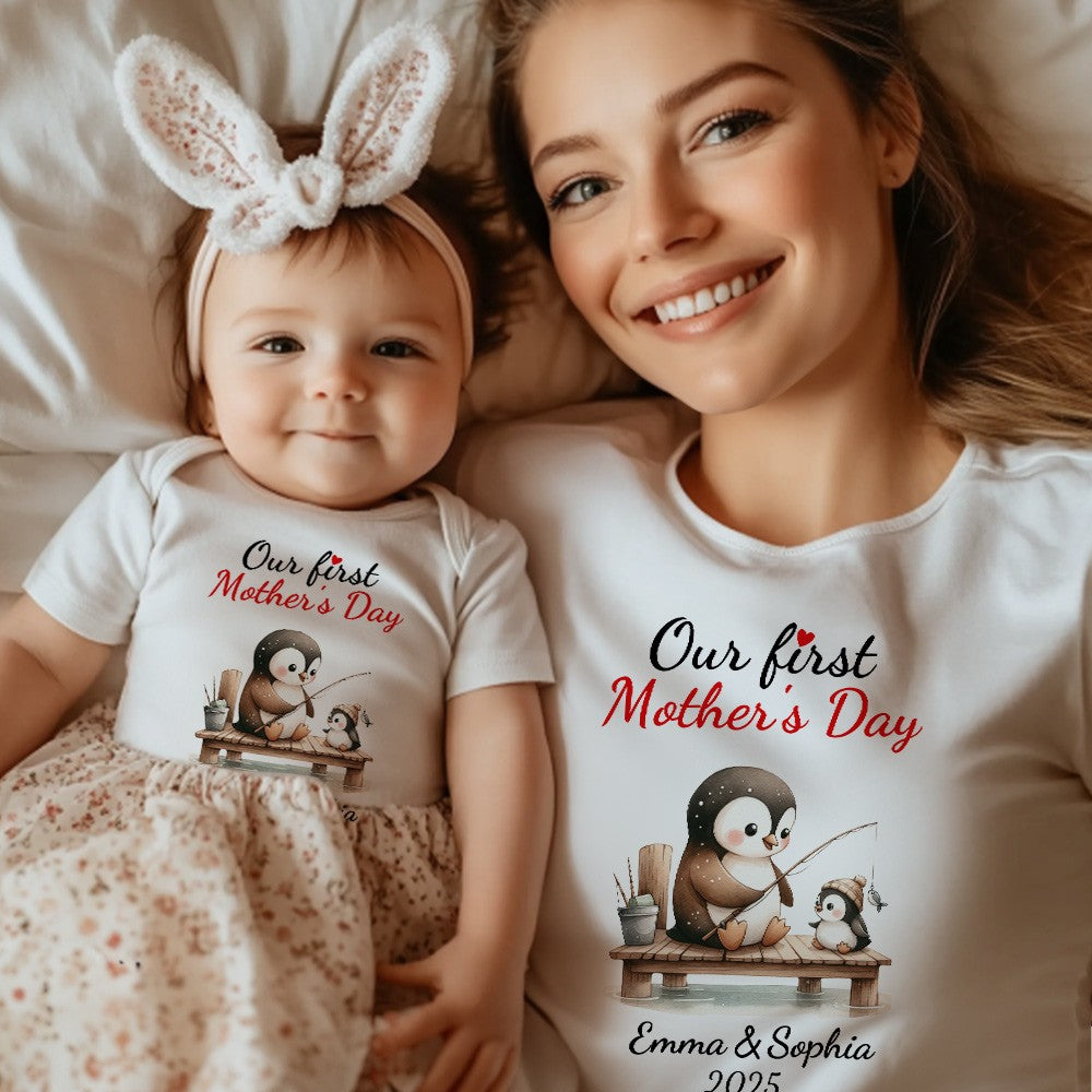 Custom Name Our First Mother's Day Parent-Child Matching Shirts, Penguin Mama & Kid Design Mom T-Shirt & Baby Bodysuit Set, Gift for Newborns/New Mom