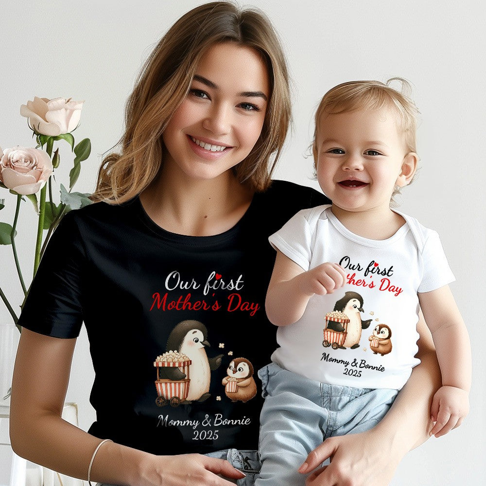 Custom Name Our First Mother's Day Parent-Child Matching Shirts, Penguin Mama & Kid Design Mom T-Shirt & Baby Bodysuit Set, Gift for Newborns/New Mom