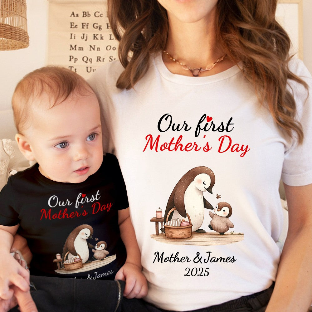 Custom Name Our First Mother's Day Parent-Child Matching Shirts, Penguin Mama & Kid Design Mom T-Shirt & Baby Bodysuit Set, Gift for Newborns/New Mom