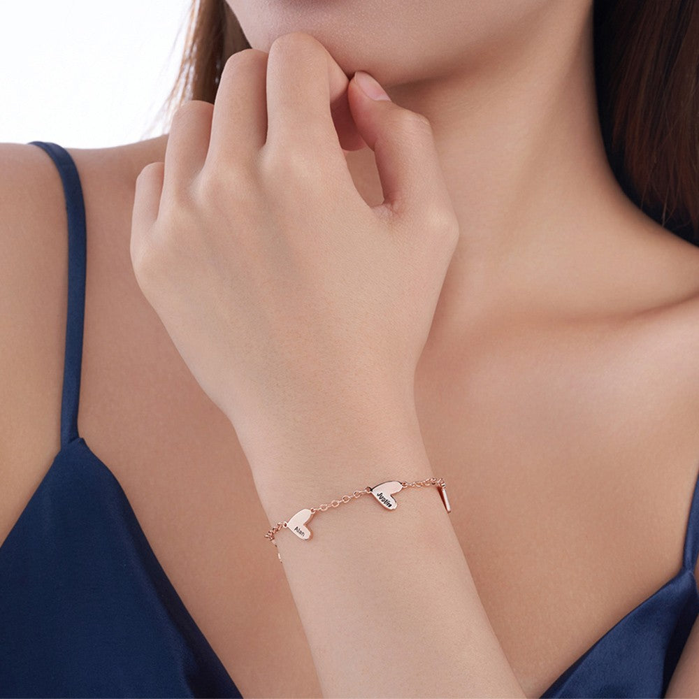 Custom 1-5 Engraved Hearts Name Bracelet, Sterling Silver 925 Multiple Heart Charms Family Bracelet, Birthday/Mother's Day Gift for Her/Mom/Grandma