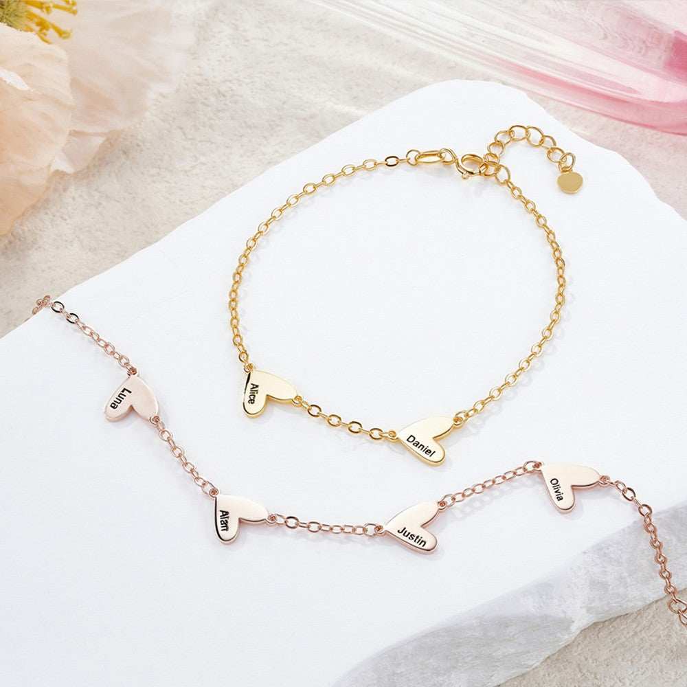 Custom 1-5 Engraved Hearts Name Bracelet, Sterling Silver 925 Multiple Heart Charms Family Bracelet, Birthday/Mother's Day Gift for Her/Mom/Grandma