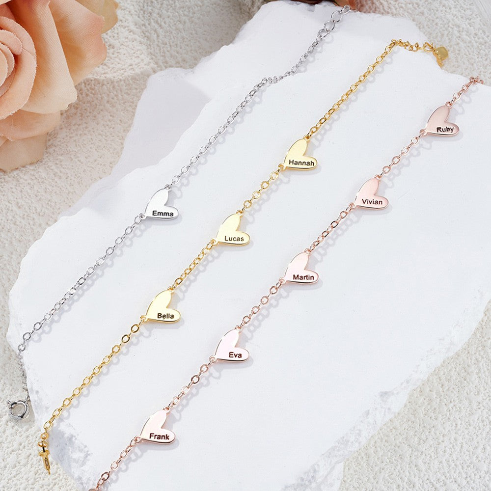 Custom 1-5 Engraved Hearts Name Bracelet, Sterling Silver 925 Multiple Heart Charms Family Bracelet, Birthday/Mother's Day Gift for Her/Mom/Grandma