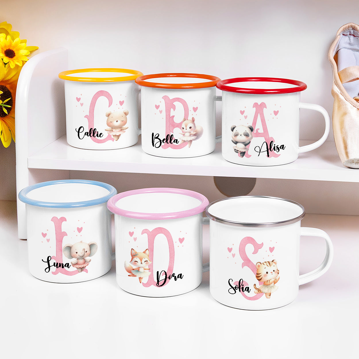 Personalized Name & Initial Cartoon Animal Ballerina Enamel Mug, Colorful 12oz Cup with Handle, Birthday/Christmas Gift for Girls/Ballet Lovers