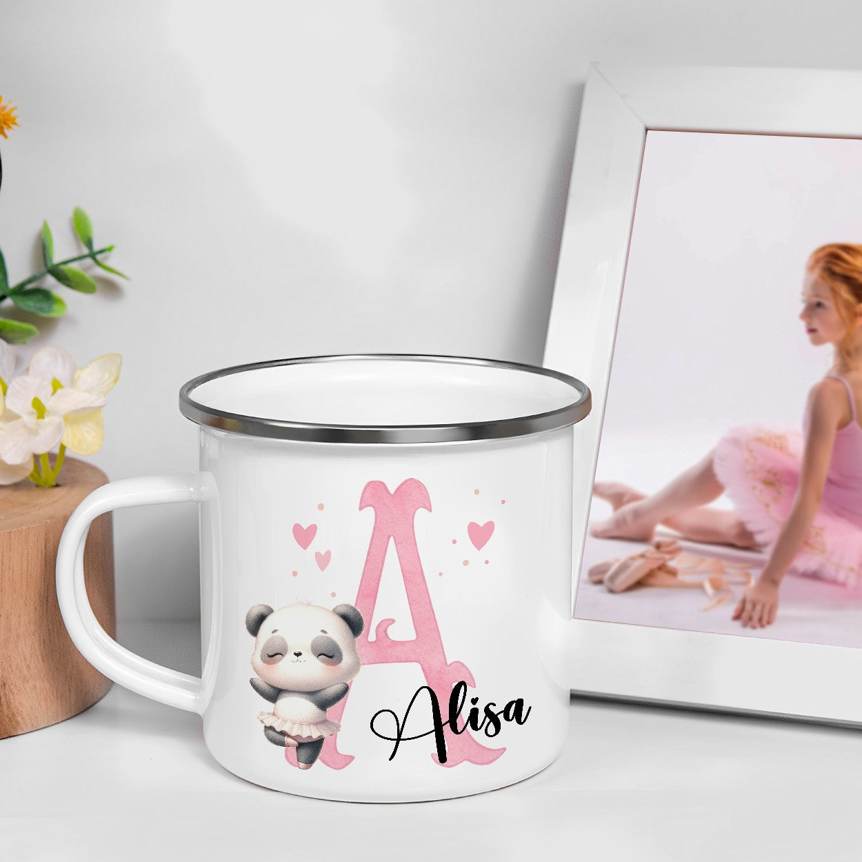 Personalized Name & Initial Cartoon Animal Ballerina Enamel Mug, Colorful 12oz Cup with Handle, Birthday/Christmas Gift for Girls/Ballet Lovers