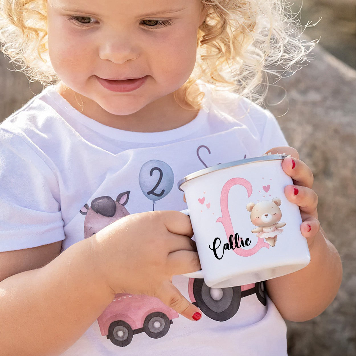 Personalized Name & Initial Cartoon Animal Ballerina Enamel Mug, Colorful 12oz Cup with Handle, Birthday/Christmas Gift for Girls/Ballet Lovers