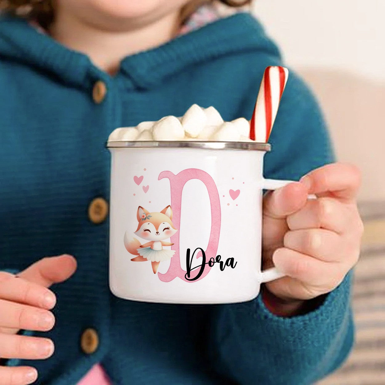 Personalized Name & Initial Cartoon Animal Ballerina Enamel Mug, Colorful 12oz Cup with Handle, Birthday/Christmas Gift for Girls/Ballet Lovers