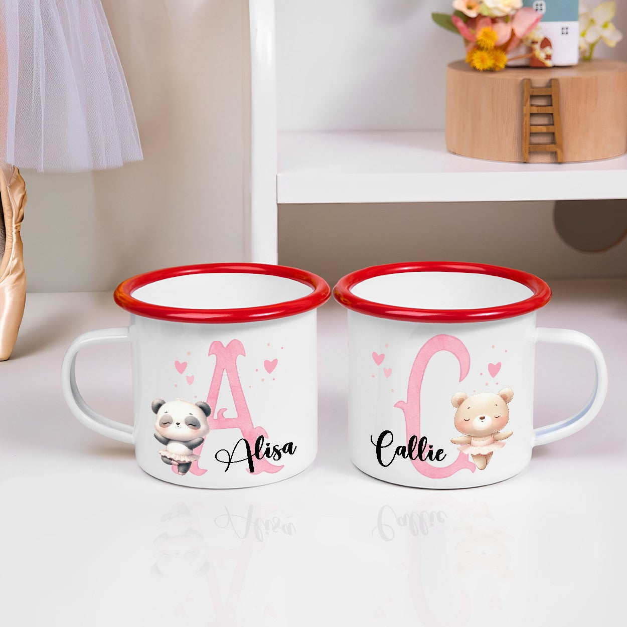 Personalized Name & Initial Cartoon Animal Ballerina Enamel Mug, Colorful 12oz Cup with Handle, Birthday/Christmas Gift for Girls/Ballet Lovers