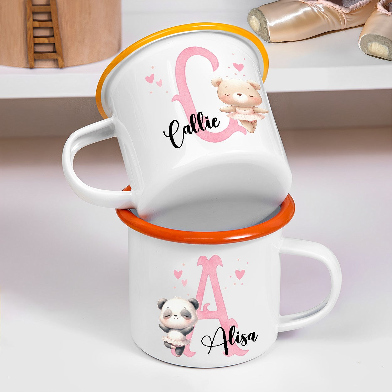 Personalized Name & Initial Cartoon Animal Ballerina Enamel Mug, Colorful 12oz Cup with Handle, Birthday/Christmas Gift for Girls/Ballet Lovers