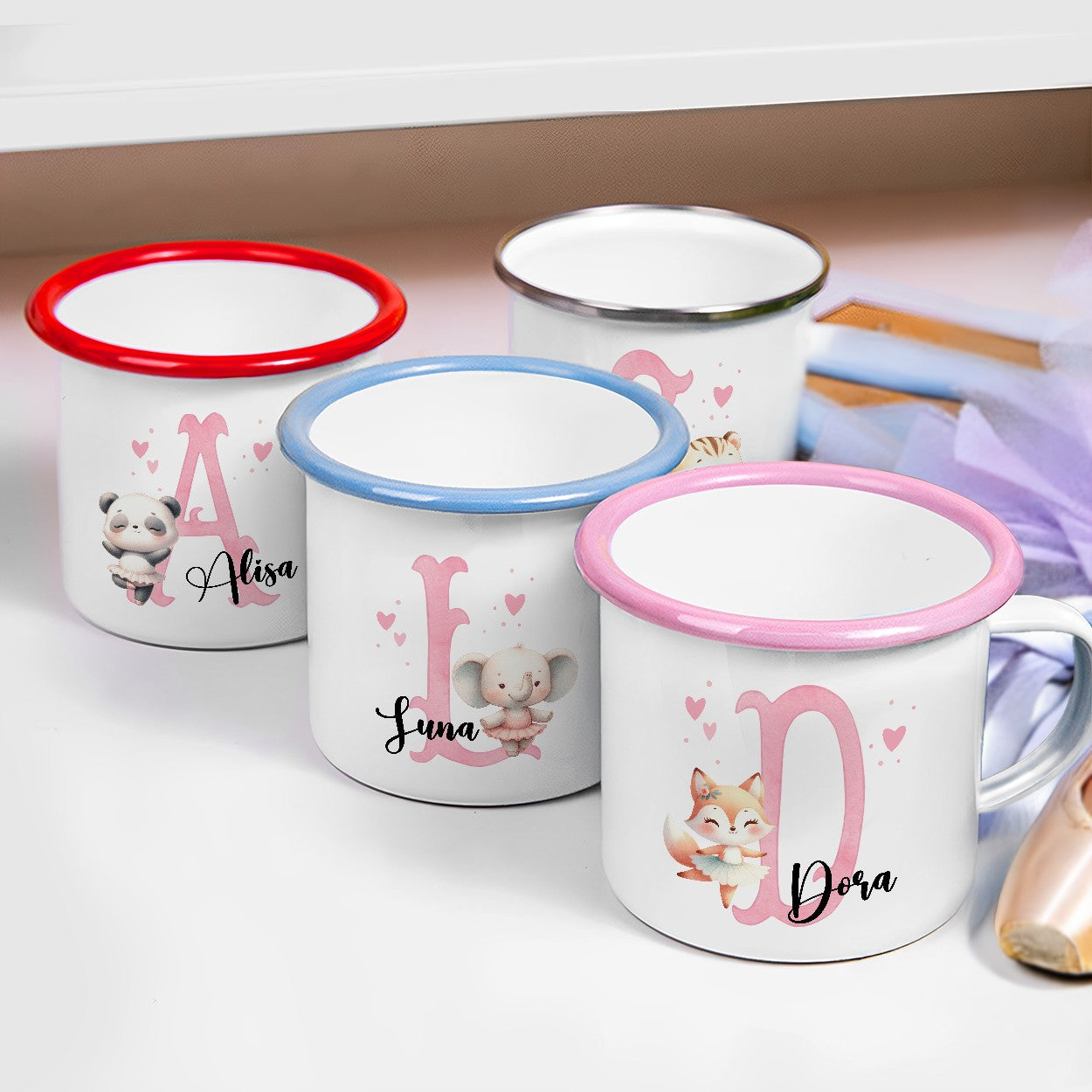 Personalized Name & Initial Cartoon Animal Ballerina Enamel Mug, Colorful 12oz Cup with Handle, Birthday/Christmas Gift for Girls/Ballet Lovers