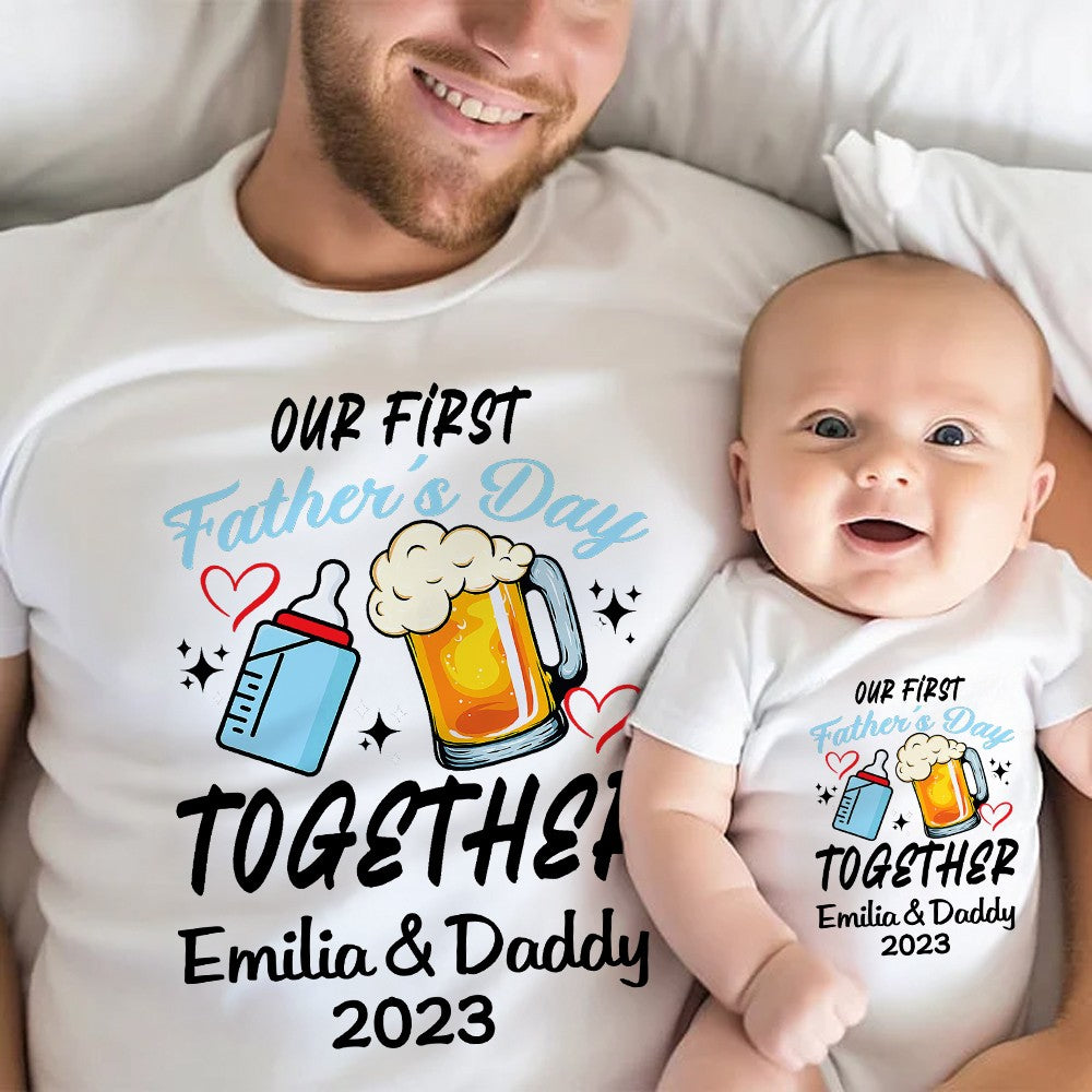 Custom Name Our First Father's Day Parent-Child Matching Shirts, Milk Bottle & Beer Mug Baby Onesie & Dad T-Shirt Set, Gift for Newborns/New Dad