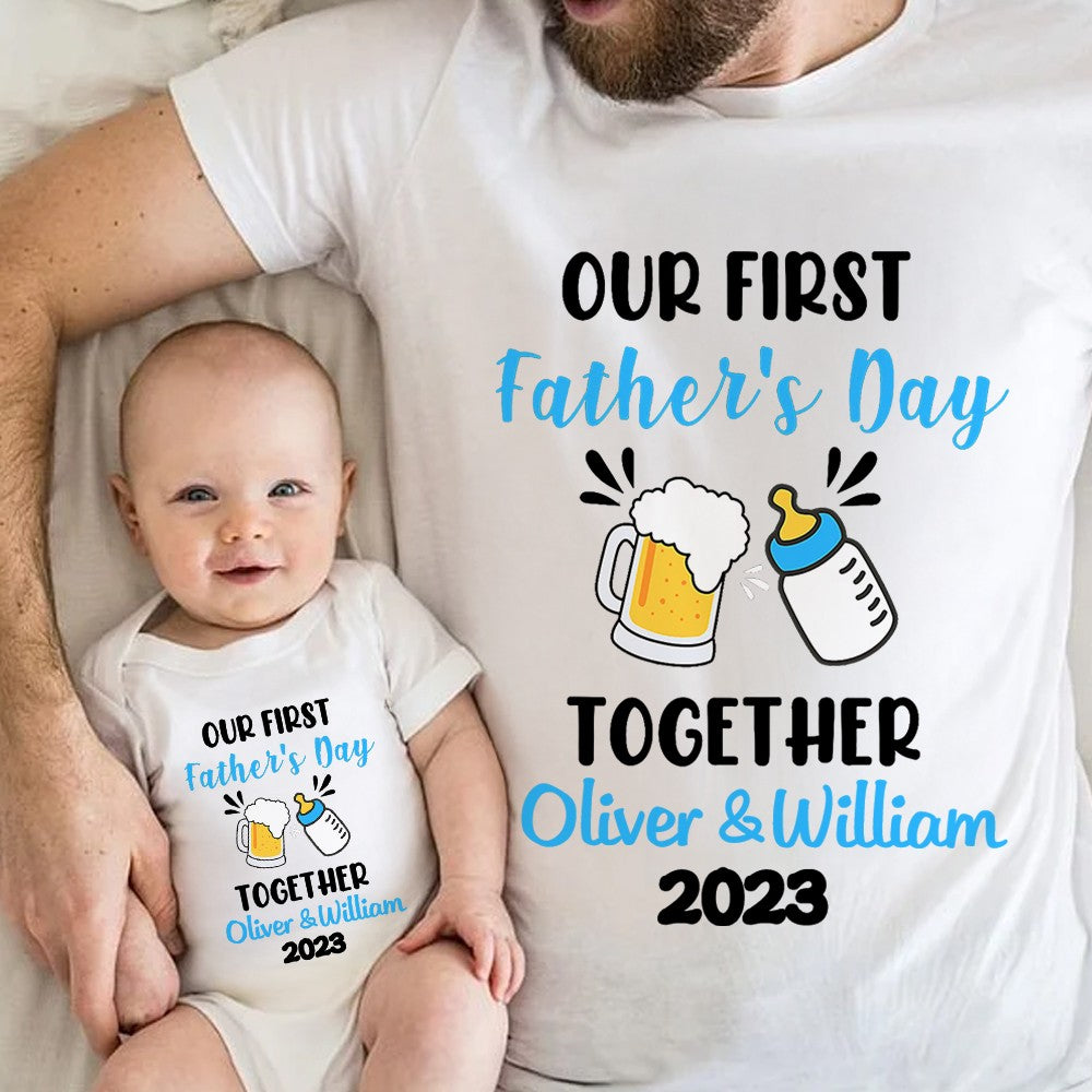 Custom Name Our First Father's Day Parent-Child Matching Shirts, Milk Bottle & Beer Mug Baby Onesie & Dad T-Shirt Set, Gift for Newborns/New Dad