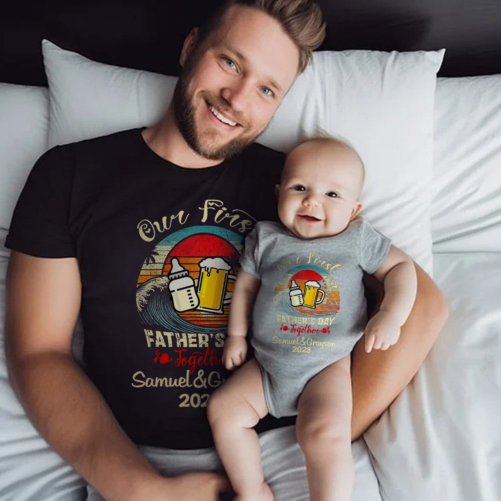 Custom Name Our First Father's Day Parent-Child Matching Shirts, Milk Bottle & Beer Mug Baby Onesie & Dad T-Shirt Set, Gift for Newborns/New Dad