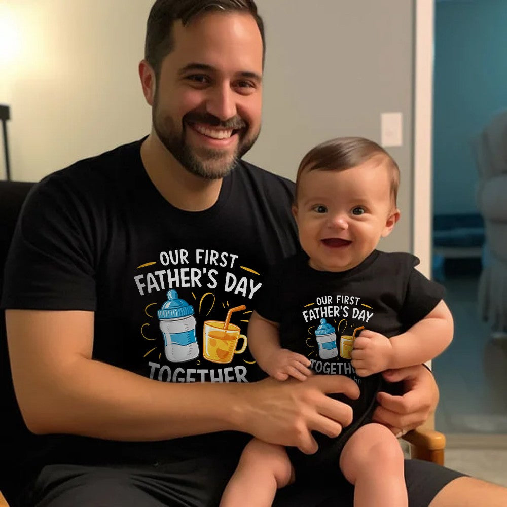 Custom Name Our First Father's Day Parent-Child Matching Shirts, Milk Bottle & Beer Mug Baby Onesie & Dad T-Shirt Set, Gift for Newborns/New Dad