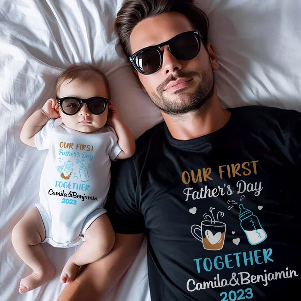 Custom Name Our First Father's Day Parent-Child Matching Shirts, Milk Bottle & Beer Mug Baby Onesie & Dad T-Shirt Set, Gift for Newborns/New Dad