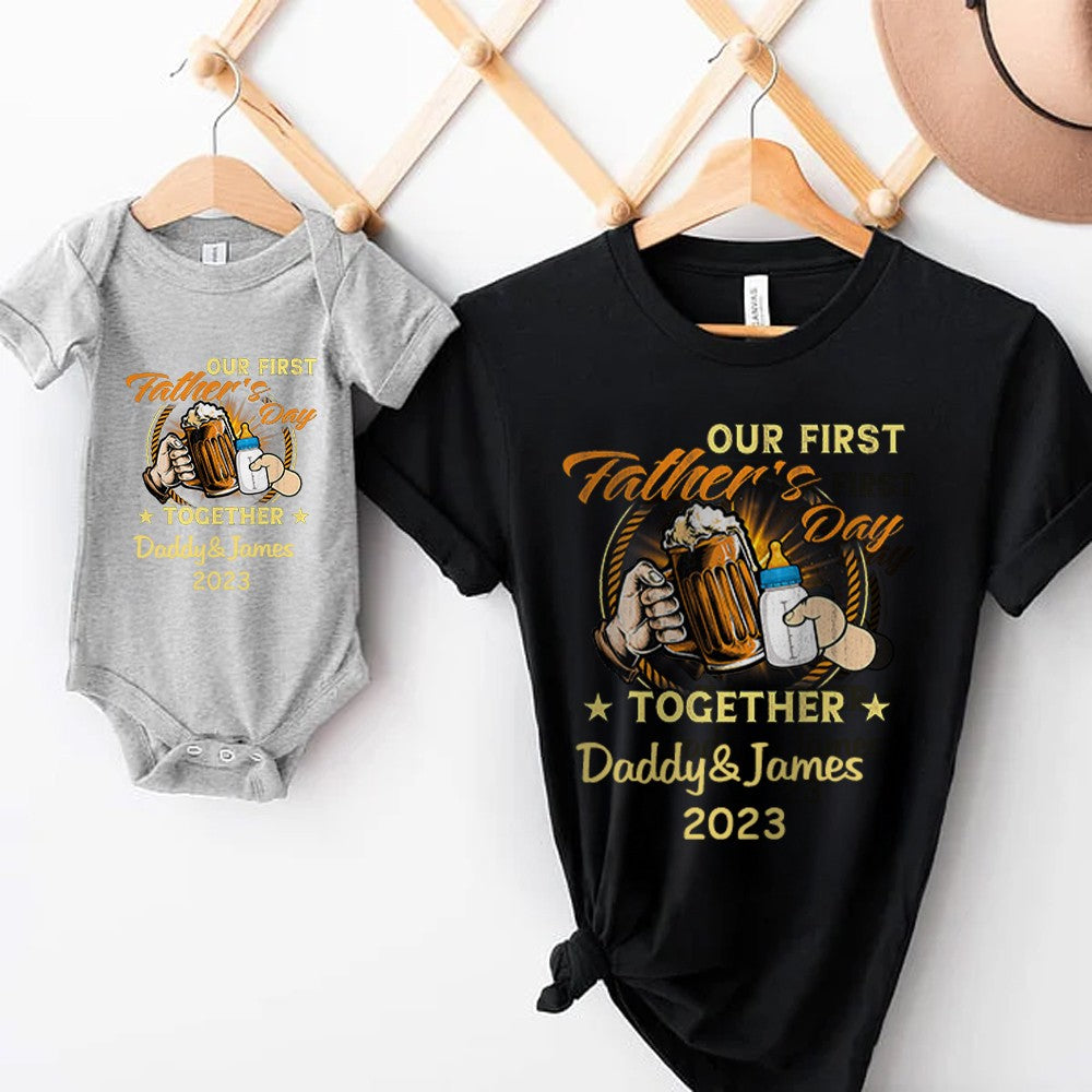 Custom Name Our First Father's Day Parent-Child Matching Shirts, Milk Bottle & Beer Mug Baby Onesie & Dad T-Shirt Set, Gift for Newborns/New Dad