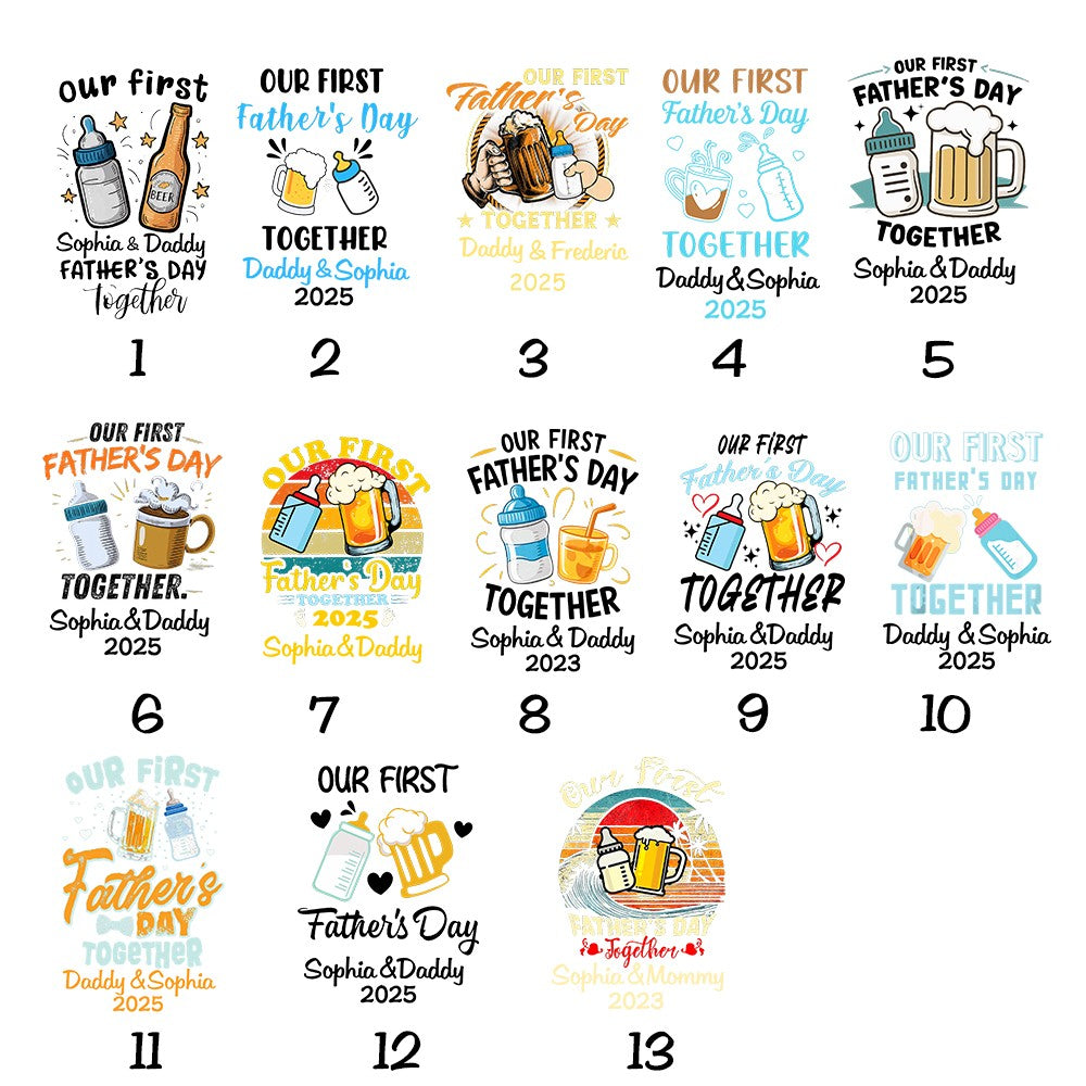 Custom Name Our First Father's Day Parent-Child Matching Shirts, Milk Bottle & Beer Mug Baby Onesie & Dad T-Shirt Set, Gift for Newborns/New Dad