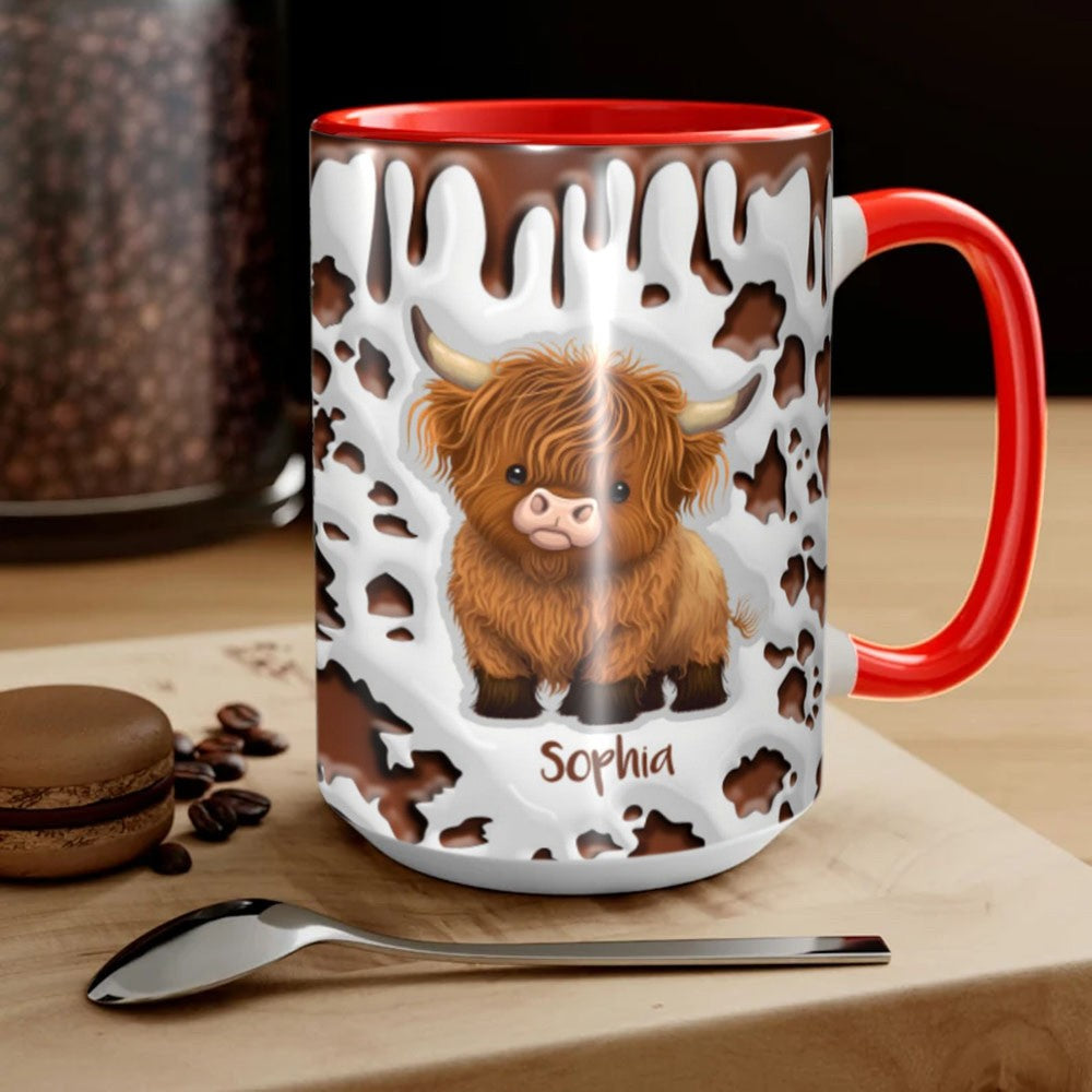 Personalized Highland Cow Mug with Name, 11oz/15oz Two Tone Ceramic Coffee Tea Mug with Coaster, Birthday/Christmas Gift for Highland Cow Lovers