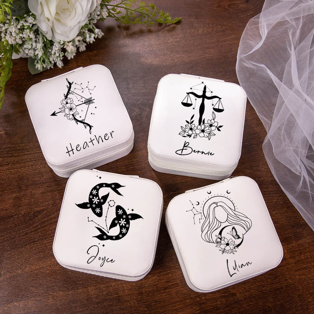 Personalized Birth Flower Zodiac Sign Jewelry Box with Name, PU Leather Travel Jewelry Case, Birthday/Christmas/Anniversary Gift for Women/Girls