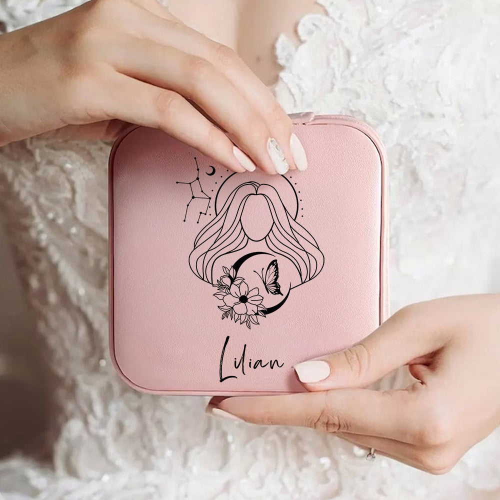 Personalized Birth Flower Zodiac Sign Jewelry Box with Name, PU Leather Travel Jewelry Case, Birthday/Christmas/Anniversary Gift for Women/Girls