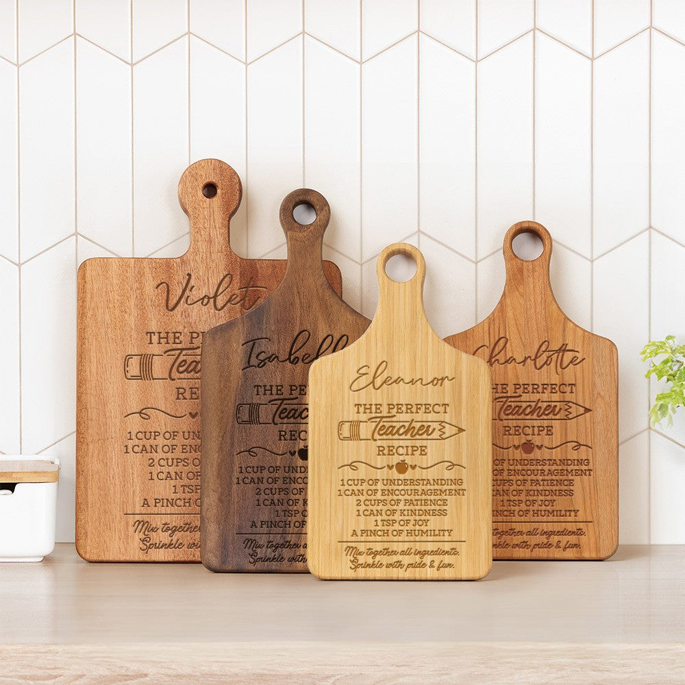Personalized Name Engraved Perfect Teacher Recipe Cutting Board with Handle, Wooden Chopping Board, Teacher's Day/Appreciation Gift for Teachers