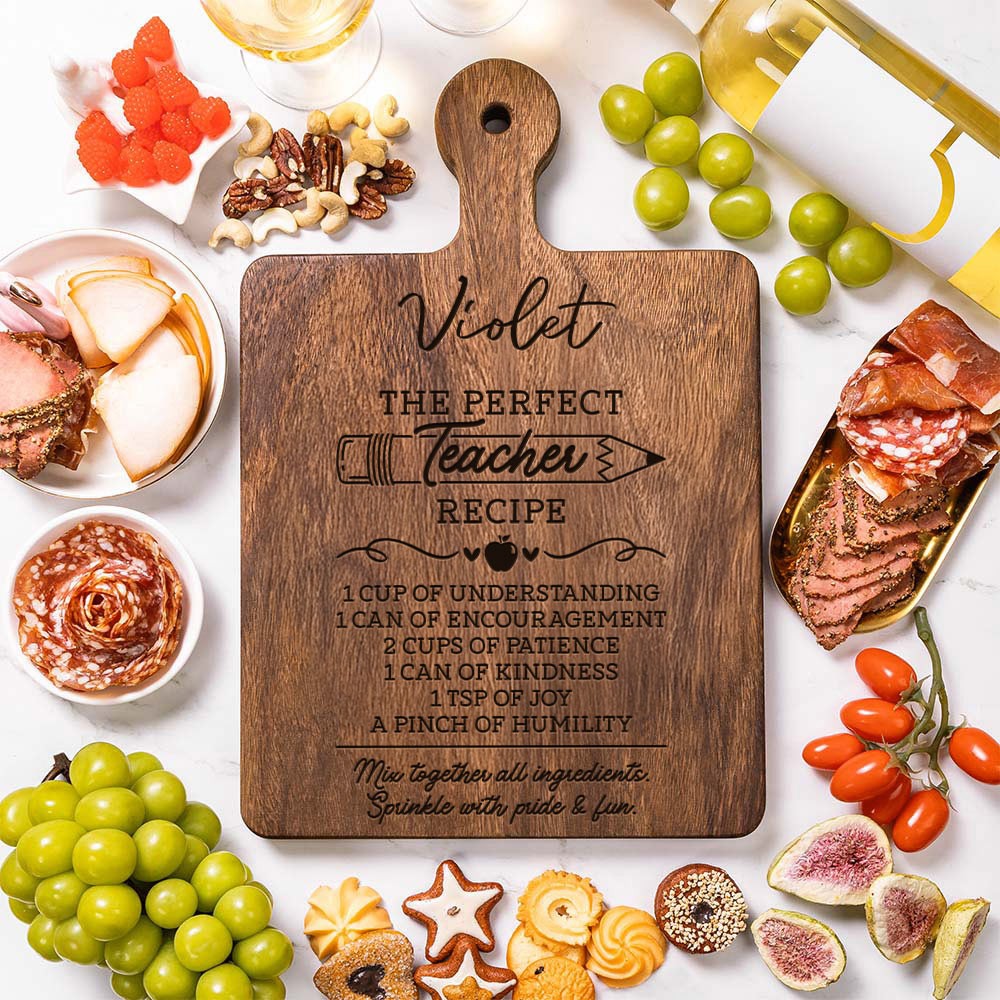 Personalized Name Engraved Perfect Teacher Recipe Cutting Board with Handle, Wooden Chopping Board, Teacher's Day/Appreciation Gift for Teachers