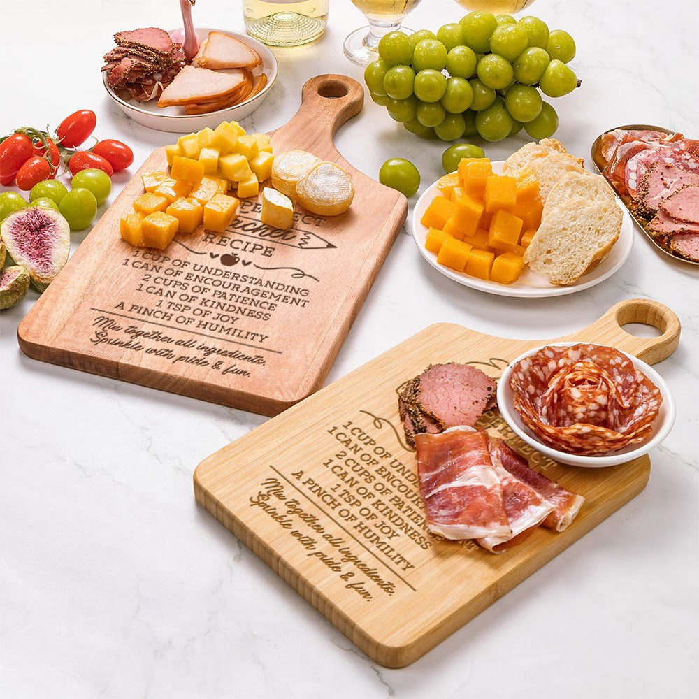 Personalized Name Engraved Perfect Teacher Recipe Cutting Board with Handle, Wooden Chopping Board, Teacher's Day/Appreciation Gift for Teachers