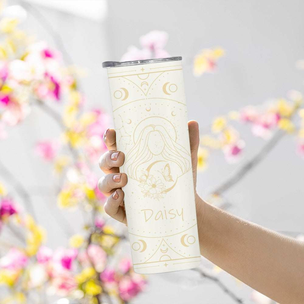 Personalized Zodiac Sign Flower Design Tumbler with Name, Stainless Steel 20oz Travel Mug with Straw, Birthday/Christmas Gift for Women/Girls/Friends