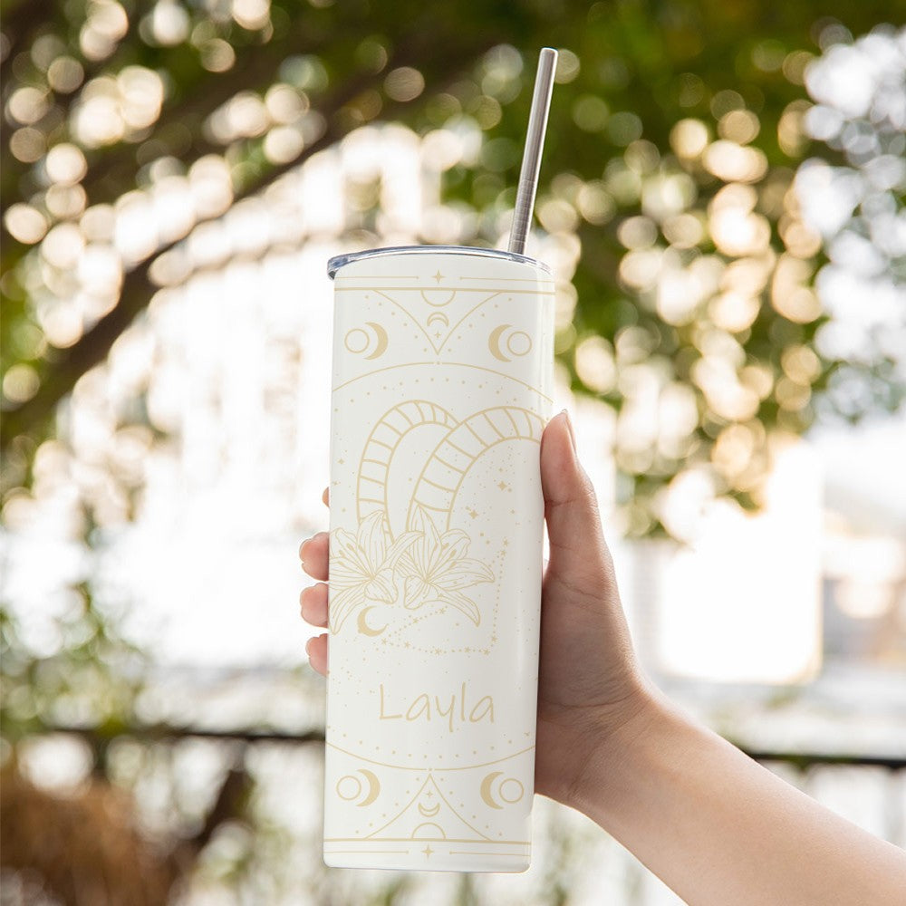 Personalized Zodiac Sign Flower Design Tumbler with Name, Stainless Steel 20oz Travel Mug with Straw, Birthday/Christmas Gift for Women/Girls/Friends