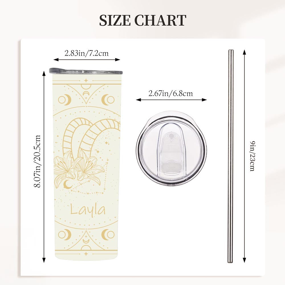 Personalized Zodiac Sign Flower Design Tumbler with Name, Stainless Steel 20oz Travel Mug with Straw, Birthday/Christmas Gift for Women/Girls/Friends