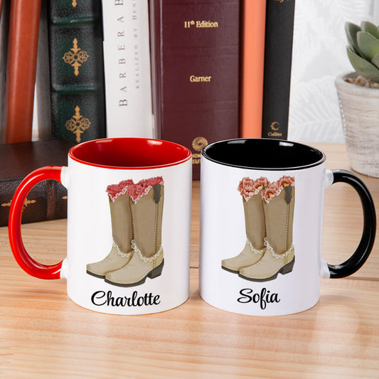 Personalized Name Cowgirl Birth Flower Mug, 11/16oz Floral Western Boots Glass Cup/Ceramic Mug, Birthday/Wedding Gift for Rodeo Girls/Bridesmaids