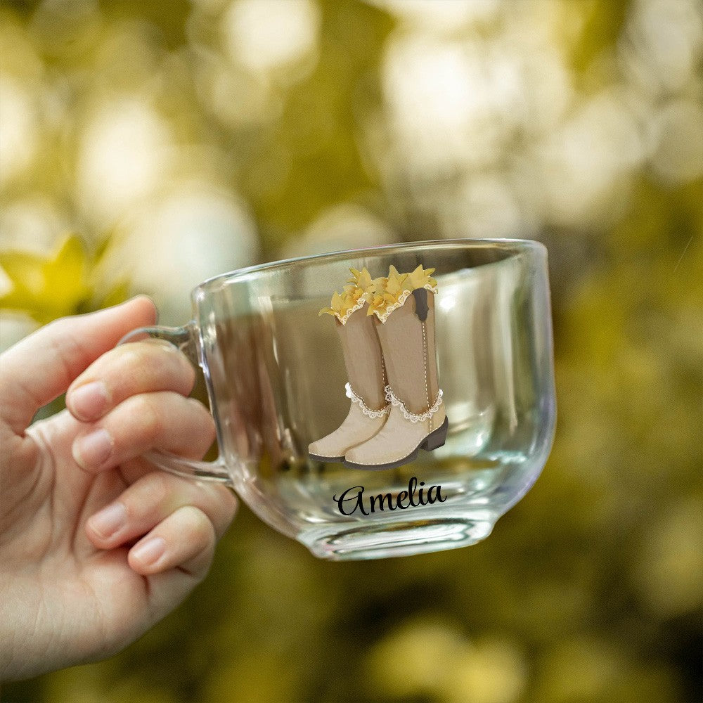Personalized Name Cowgirl Birth Flower Mug, 11/16oz Floral Western Boots Glass Cup/Ceramic Mug, Birthday/Wedding Gift for Rodeo Girls/Bridesmaids