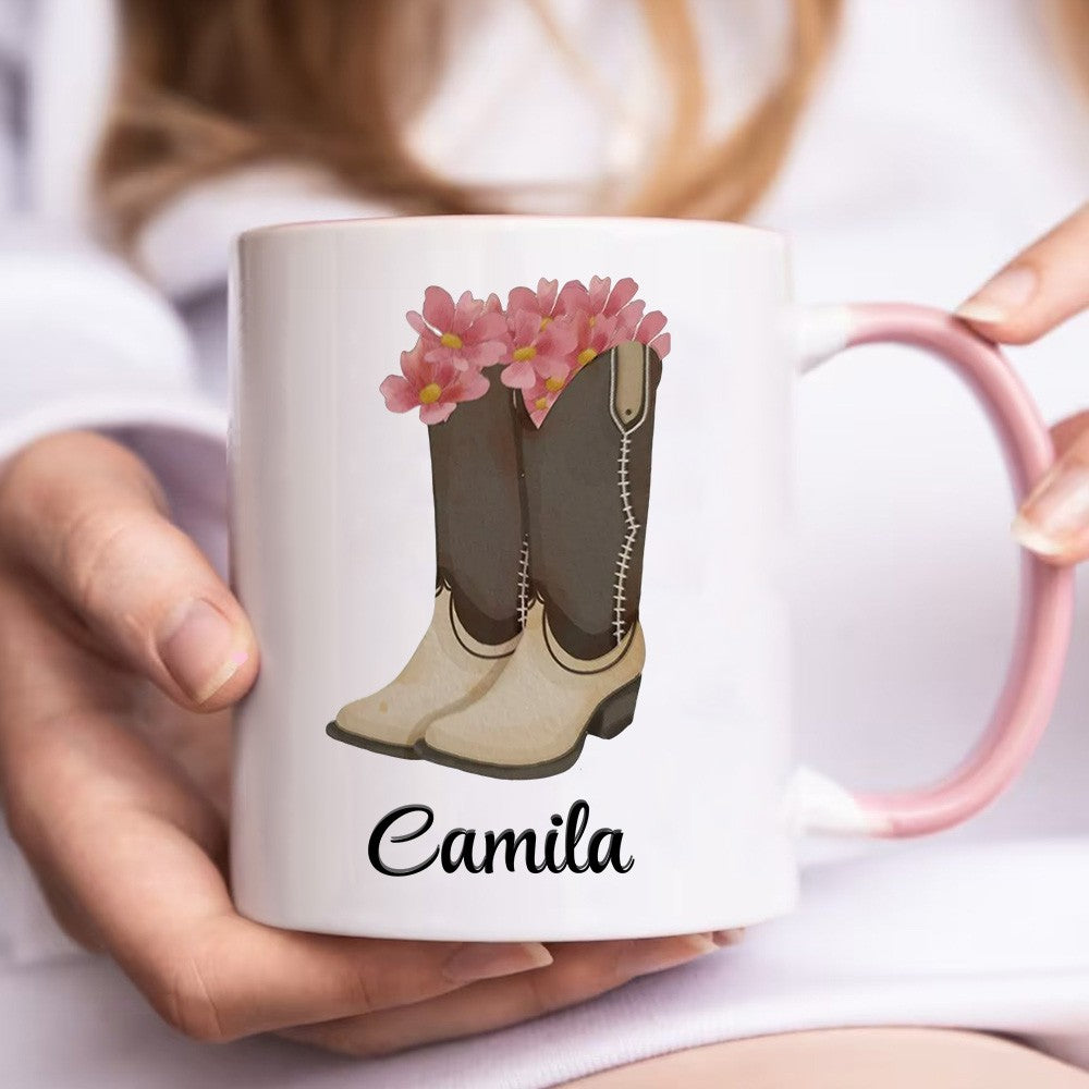 Personalized Name Cowgirl Birth Flower Mug, 11/16oz Floral Western Boots Glass Cup/Ceramic Mug, Birthday/Wedding Gift for Rodeo Girls/Bridesmaids