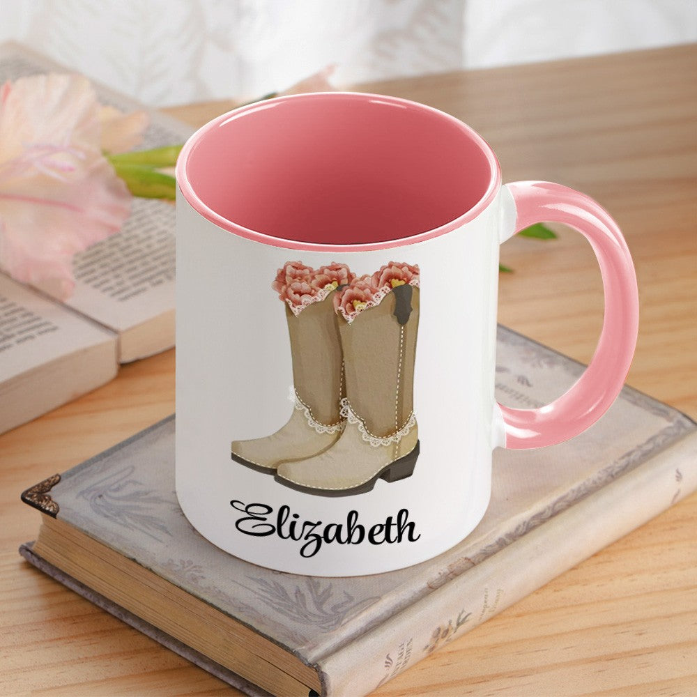 Personalized Name Cowgirl Birth Flower Mug, 11/16oz Floral Western Boots Glass Cup/Ceramic Mug, Birthday/Wedding Gift for Rodeo Girls/Bridesmaids
