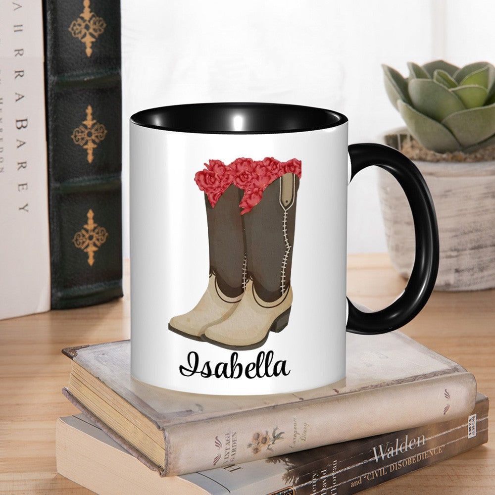 Personalized Name Cowgirl Birth Flower Mug, 11/16oz Floral Western Boots Glass Cup/Ceramic Mug, Birthday/Wedding Gift for Rodeo Girls/Bridesmaids