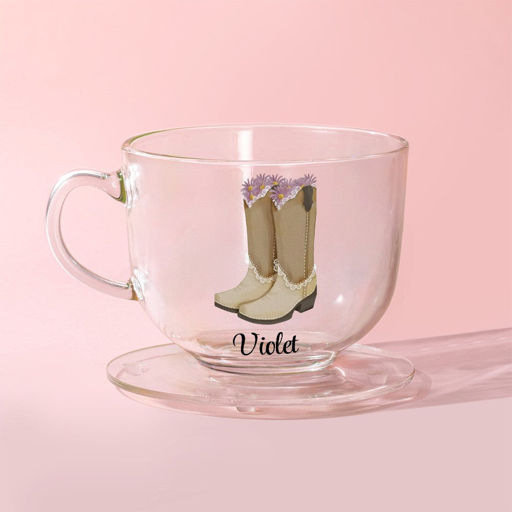 Personalized Name Cowgirl Birth Flower Mug, 11/16oz Floral Western Boots Glass Cup/Ceramic Mug, Birthday/Wedding Gift for Rodeo Girls/Bridesmaids