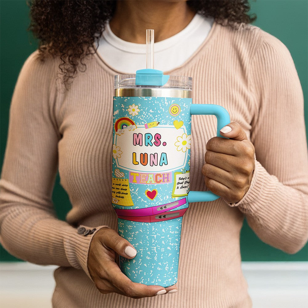 Personalized Name Composition Notebook Teacher's Tumbler, Stainless Steel 40oz Travel Mug with Handle, Back to School/Appreciation Gift for Teachers