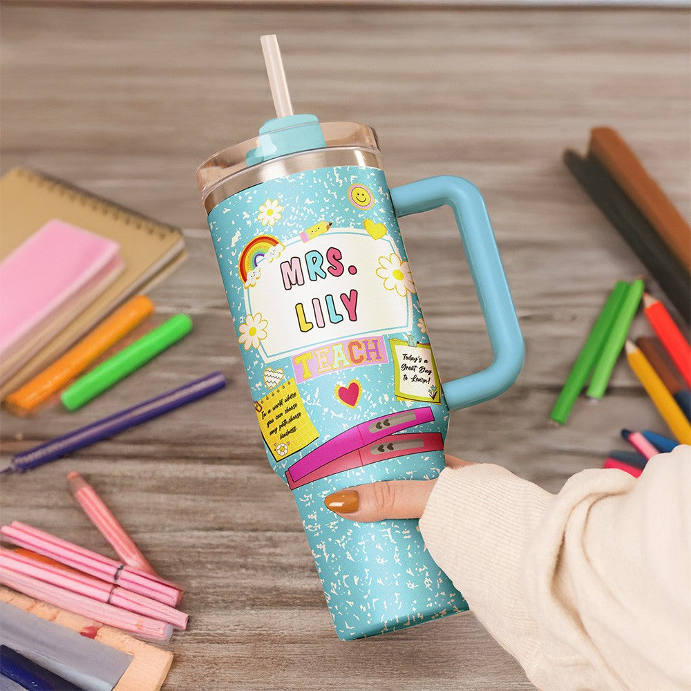 Personalized Name Composition Notebook Teacher's Tumbler, Stainless Steel 40oz Travel Mug with Handle, Back to School/Appreciation Gift for Teachers