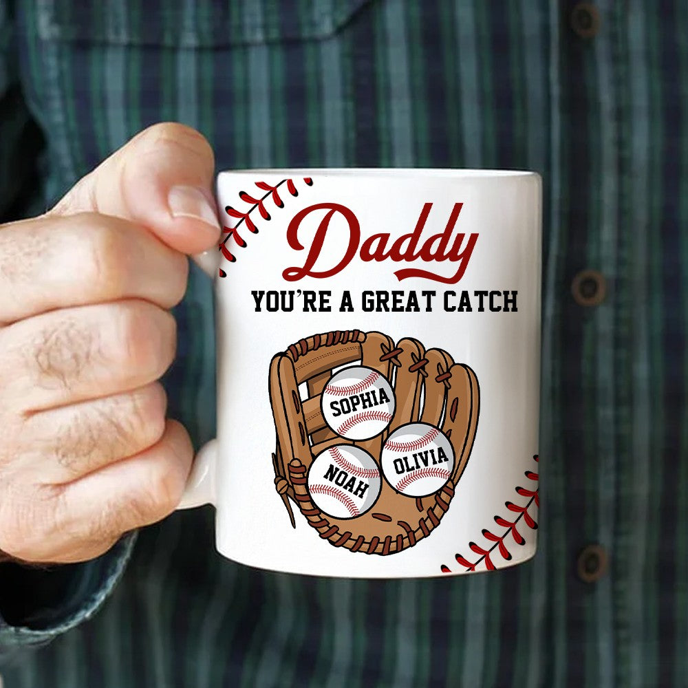 Personalized You Are a Great Catch Baseball Mug with Name, 11oz Multicolor Ceramics Coffee Tea Mug, Father's Day/Birthday Gift for Baseball Lover