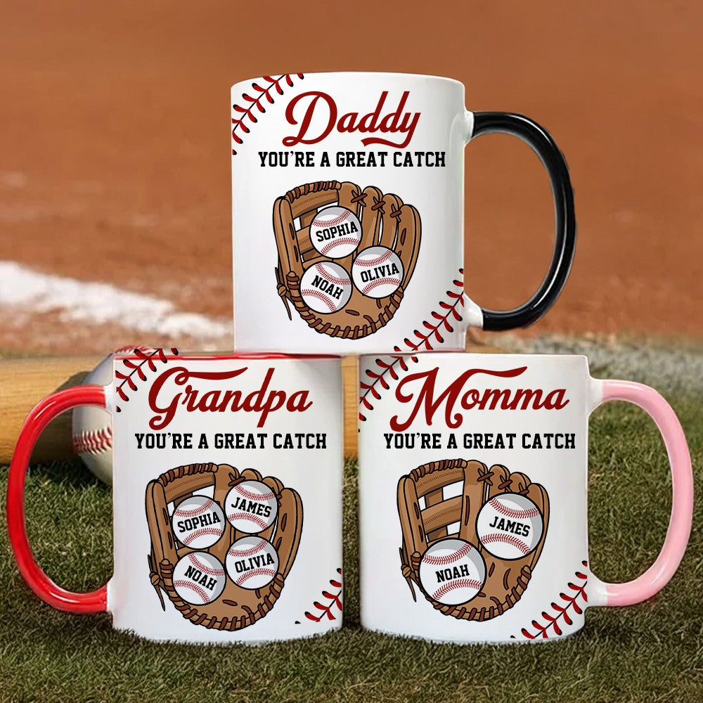 Personalized You Are a Great Catch Baseball Mug with Name, 11oz Multicolor Ceramics Coffee Tea Mug, Father's Day/Birthday Gift for Baseball Lover