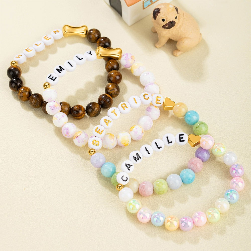 Personalized Name Beaded Pet Bracelet, Colorful Dog Name Stretchy Bracelet with Gold Bone/Heart, Pet Loss Jewelry, Memorial Gift for Pet Mom/Dad