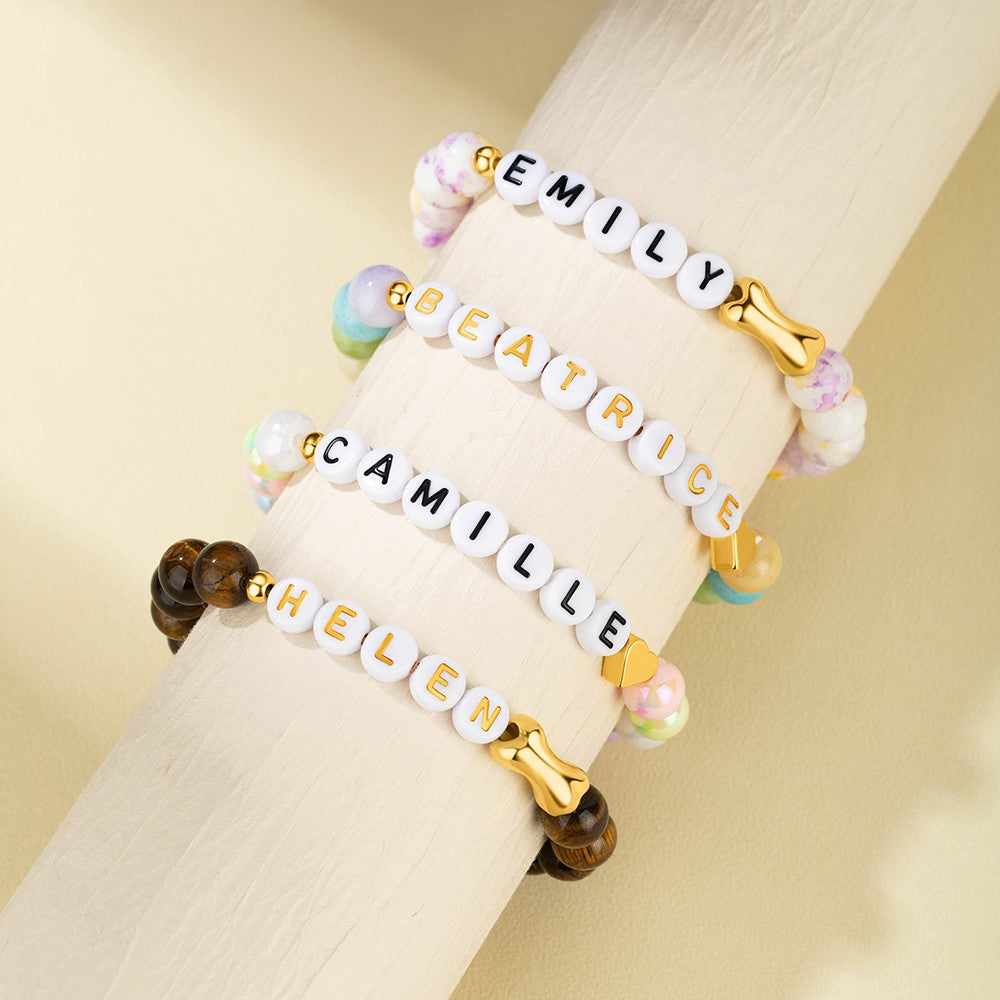 Personalized Name Beaded Pet Bracelet, Colorful Dog Name Stretchy Bracelet with Gold Bone/Heart, Pet Loss Jewelry, Memorial Gift for Pet Mom/Dad