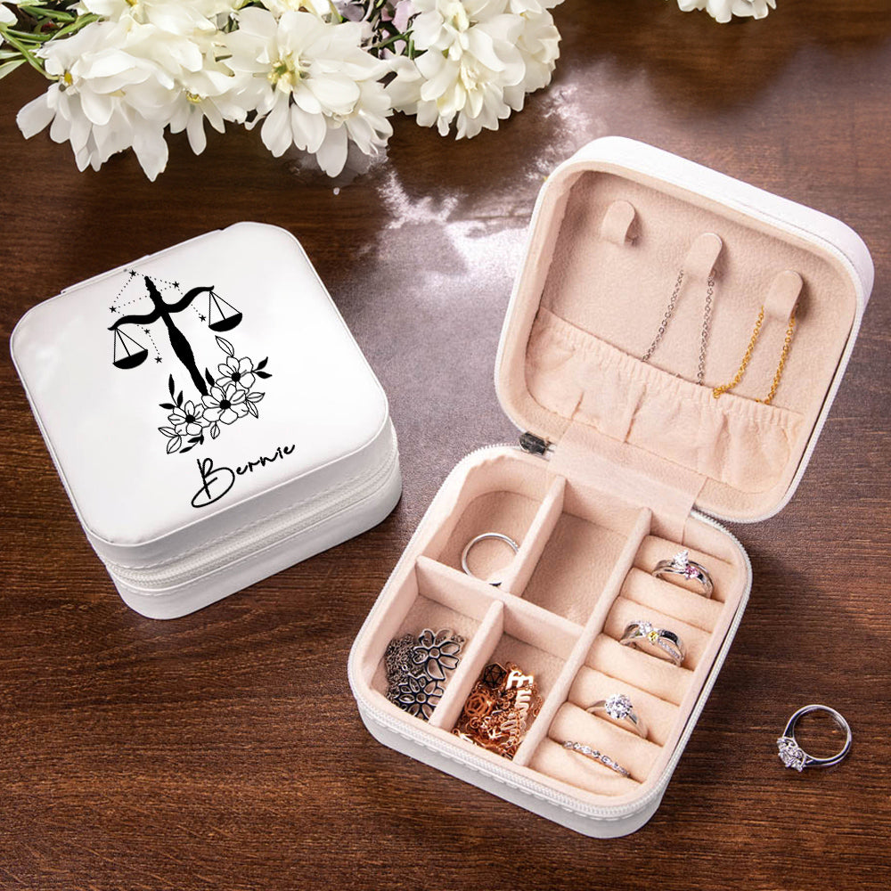 Personalized Birth Flower Zodiac Sign Jewelry Box with Name, PU Leather Travel Jewelry Case, Birthday/Christmas/Anniversary Gift for Women/Girls