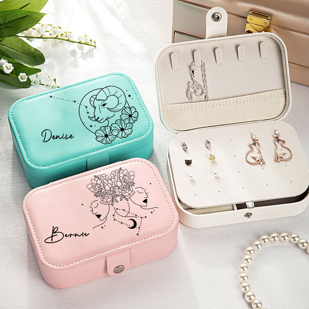 Personalized Birth Flower Zodiac Sign Jewelry Box with Name, PU Leather Travel Jewelry Case, Birthday/Christmas/Anniversary Gift for Women/Girls